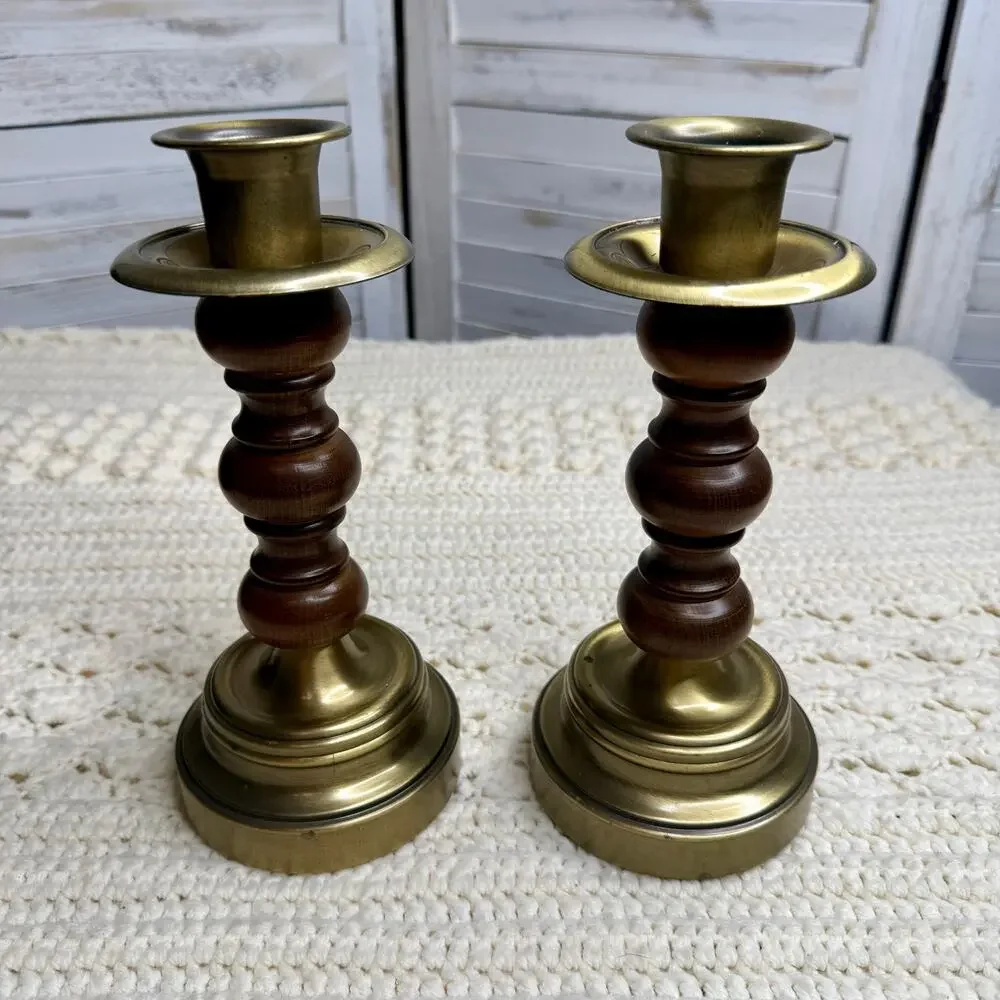 Vintage Mid Century Brass and Wood Candlestick Holders Set of Two Heavy